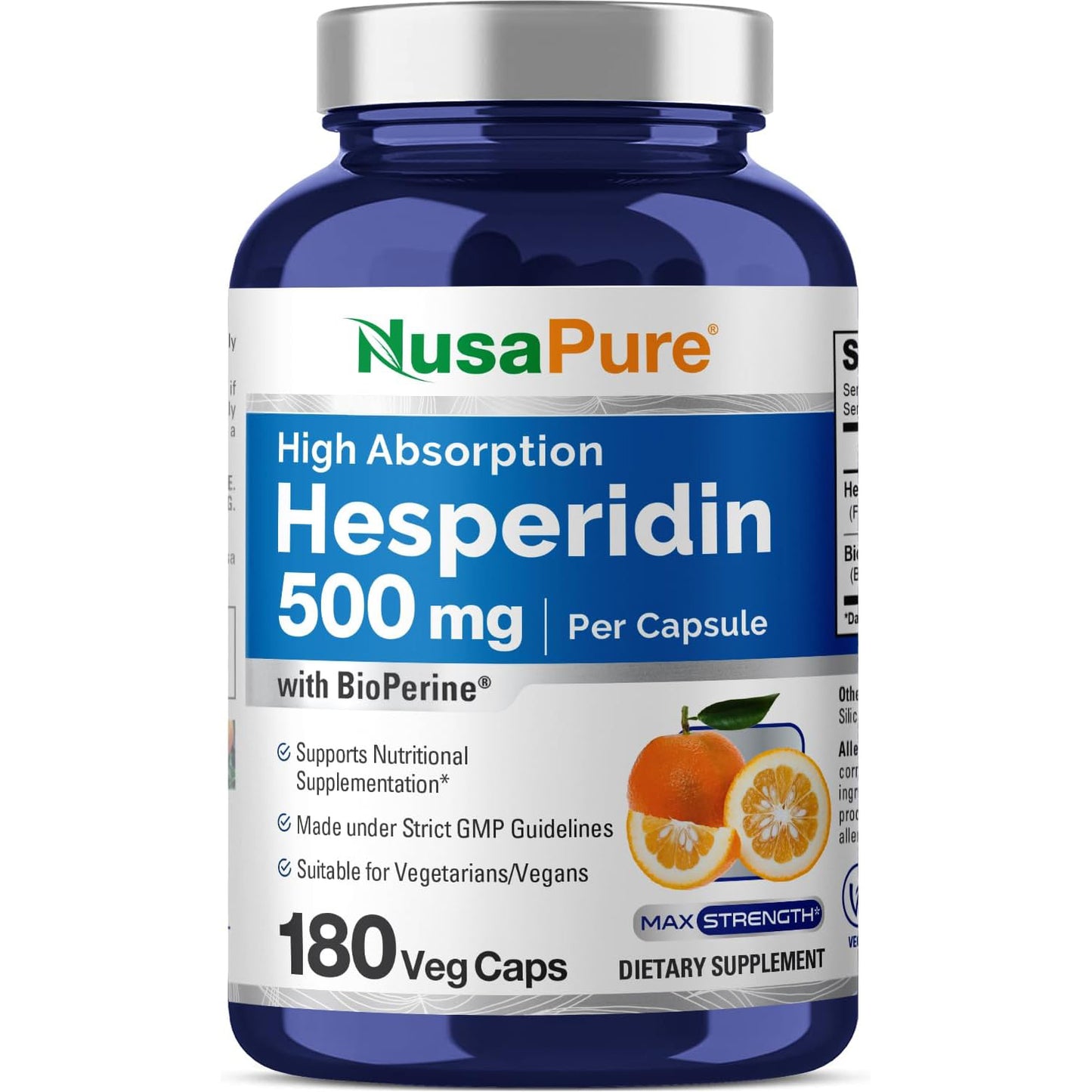 NusaPure Hesperidina 500 mg por cápsulas vegetarianas - 180 cápsulas (BioPerine, alta absorción, sin OGM)