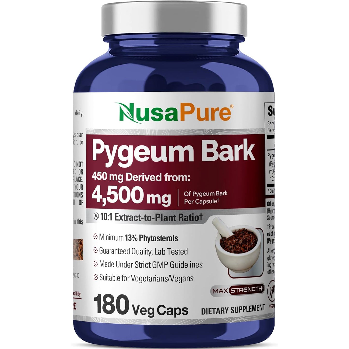 NusaPure Extracto de corteza de Pygeum 10:1, 450 mg equivalente a 4,500 mg 180 cápsulas vegetales (sin OMG, vegano)