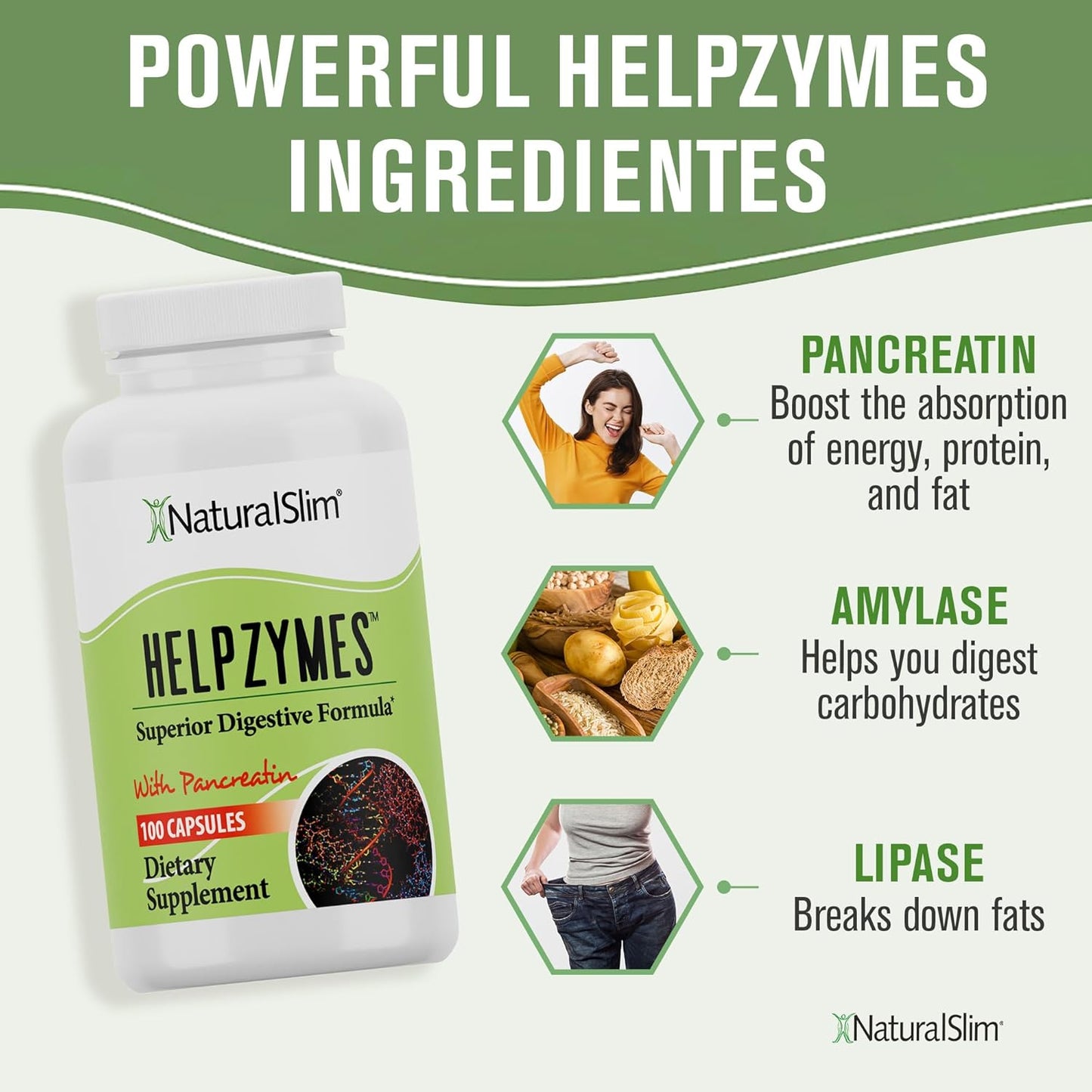 NaturalSlim Helpzymes - Fórmula premium de enzimas digestivas 100 Cápsulas