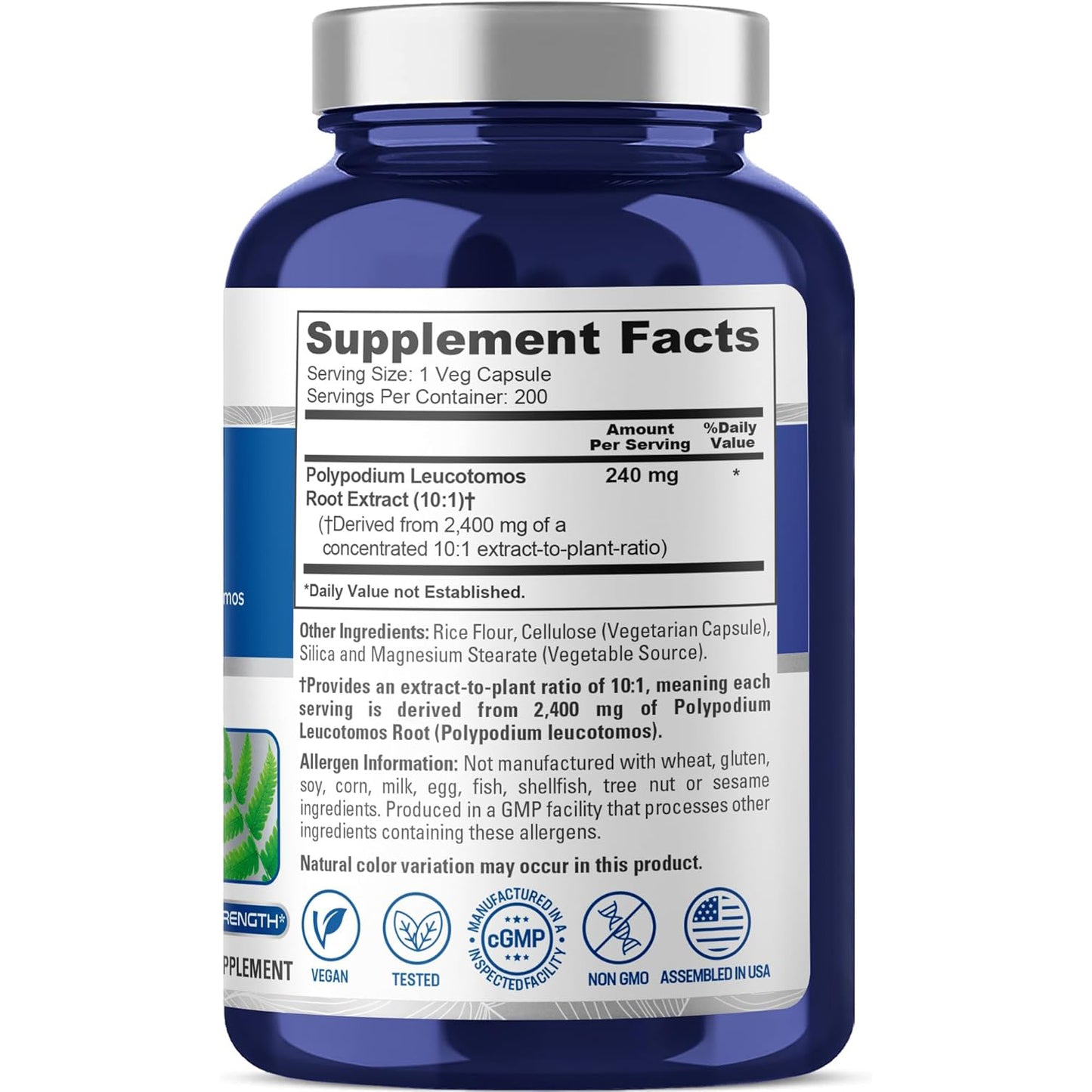 NusaPure Extracto de Polypodium Leucotomos 2400mg 200 cápsulas vegetales (vegetariano, sin OMG, sin gluten)