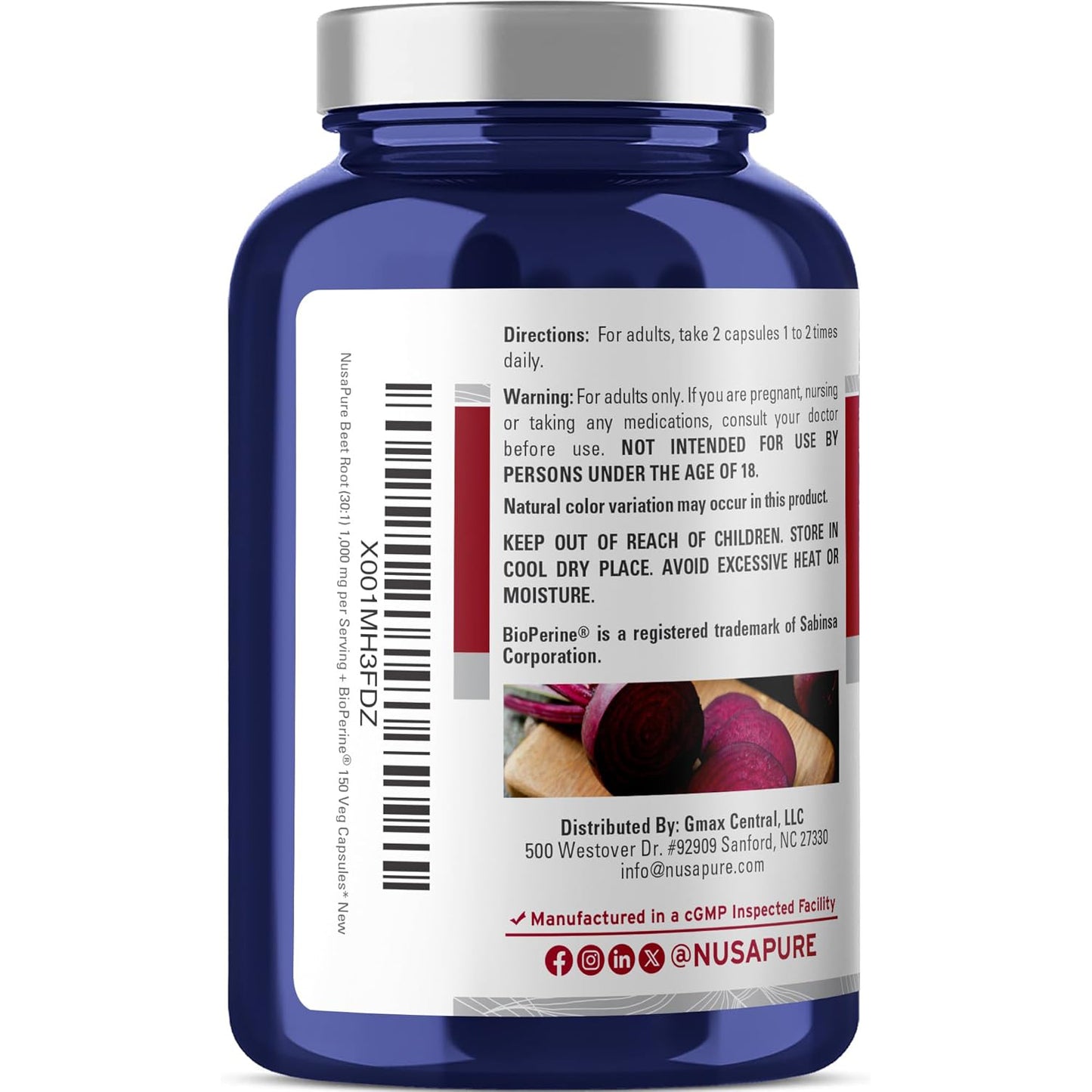 NusaPure Raíz de remolacha 30,000 mg 150 cápsulas vegetales (vegano, sin OMG y sin gluten, 4% de nitratos) Bioperine