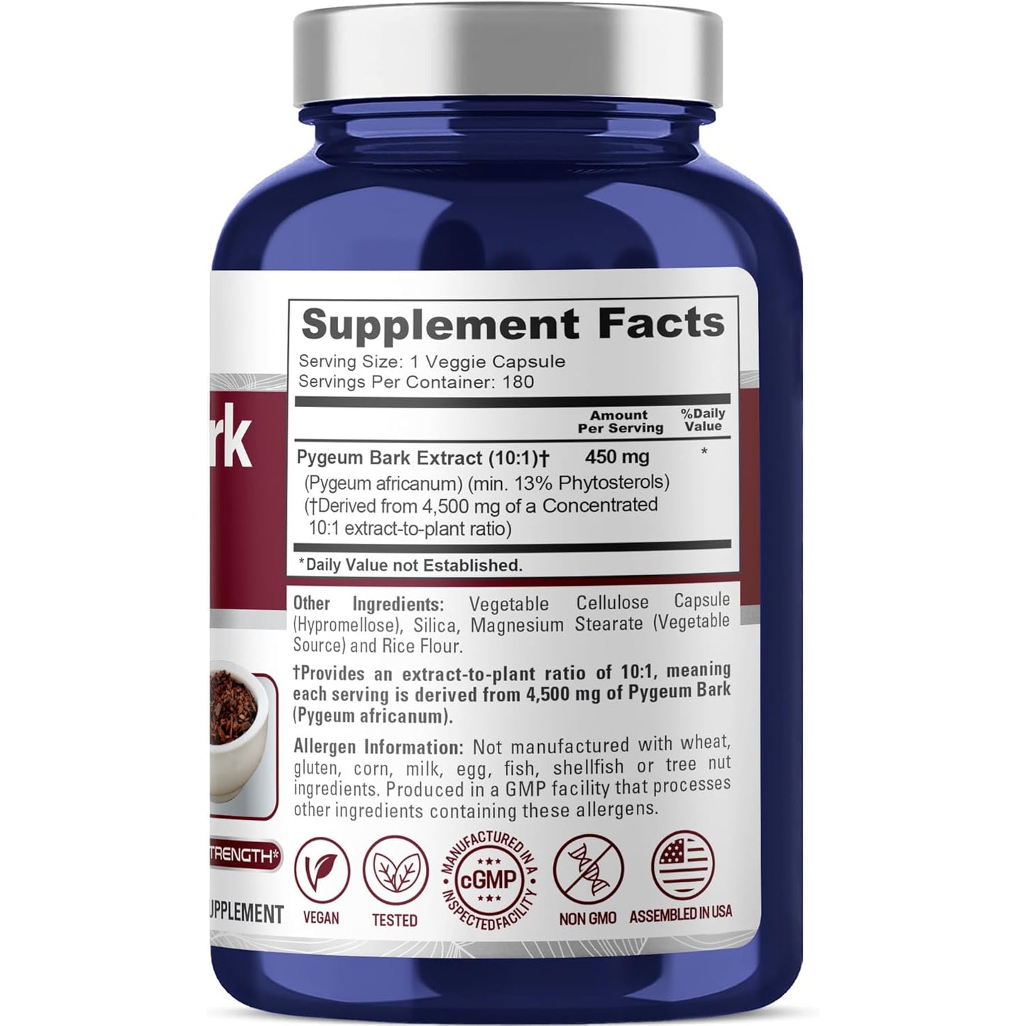 NusaPure Extracto de corteza de Pygeum 10:1, 450 mg equivalente a 4,500 mg 180 cápsulas vegetales (sin OMG, vegano)