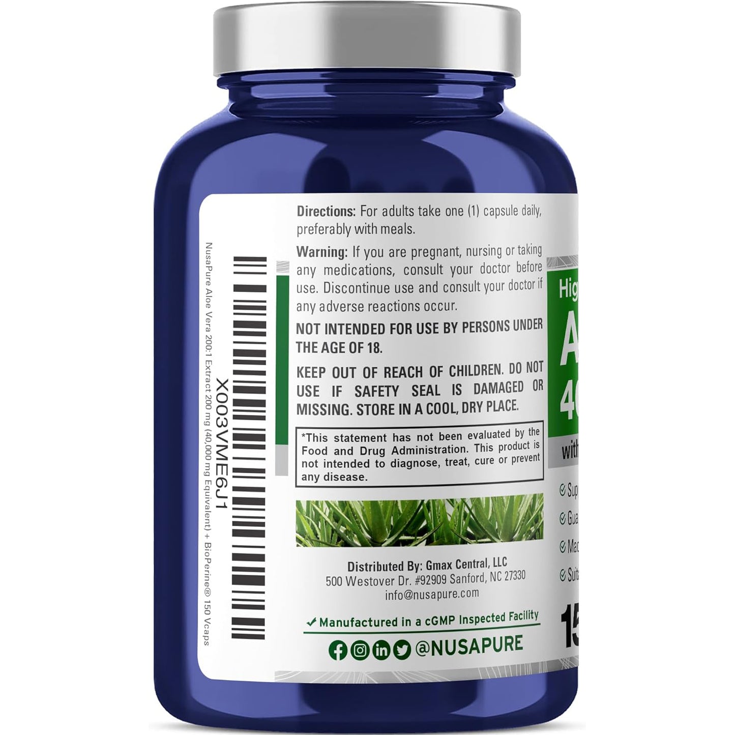 NusaPure Aloe Vera 40,000 mg por cápsulas vegetarianas - 150 unidades - Suplemento de gel de aloe vera - Extracto 200:1, vegetariano, sin OMG, bioperina