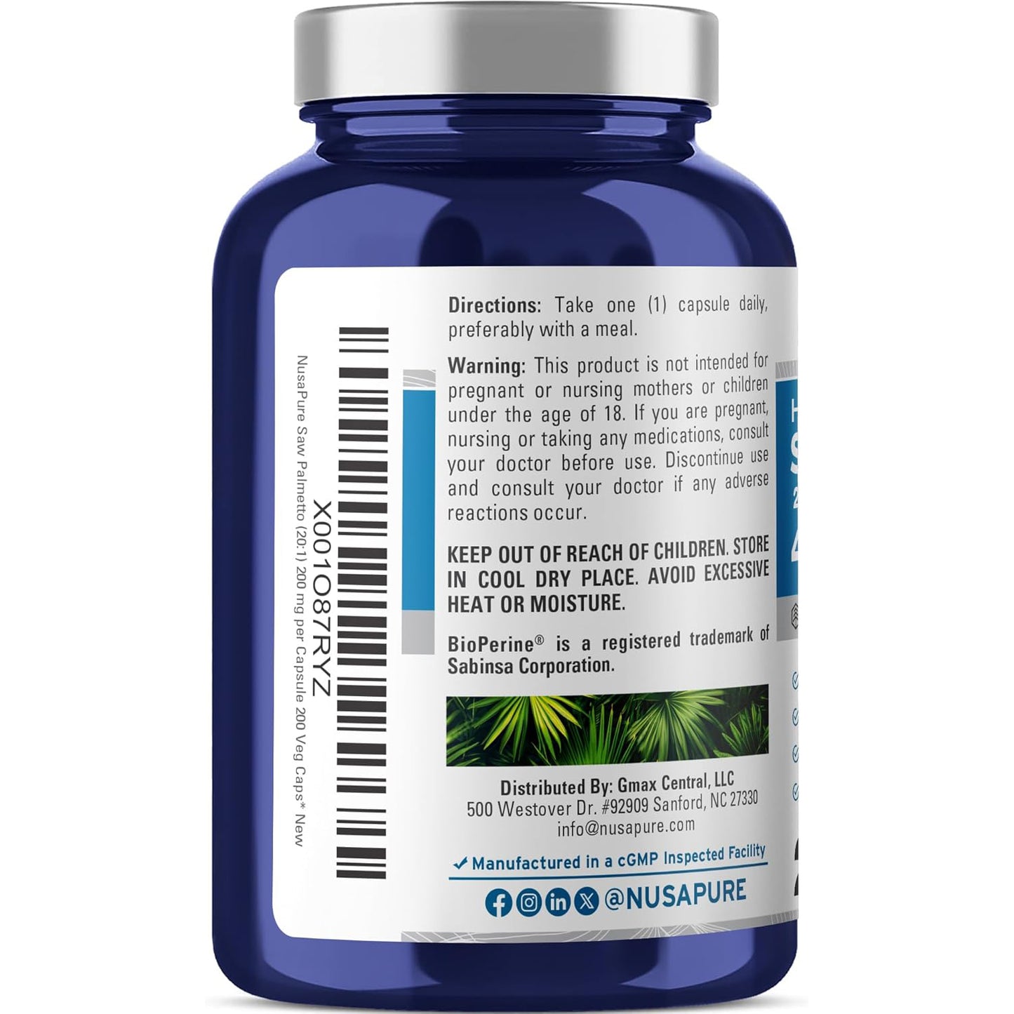 NusaPure Saw Palmetto Extract 4,000 mg 200 cápsulas (sin OMG y sin gluten, vegetariano) con bioperina.