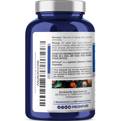 NusaPure Hesperidina 500 mg por cápsulas vegetarianas - 180 cápsulas (BioPerine, alta absorción, sin OGM)