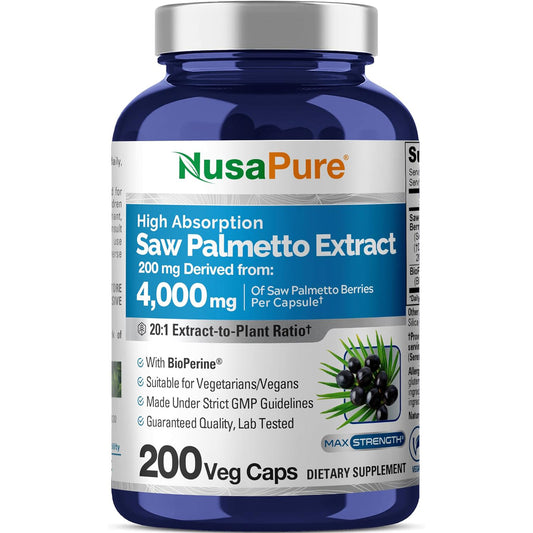 NusaPure Saw Palmetto Extract 4,000 mg 200 cápsulas (sin OMG y sin gluten, vegetariano) con bioperina.