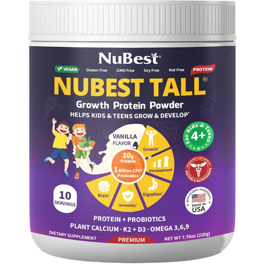 NuBest Tall Vanilla - Proteína en polvo a base de plantas para niños y adolescentes, saludable e inmunidad con probióticos, Omega 3-6-9, vitamina D3 + K2, calcio y vitaminas - 10 porciones |