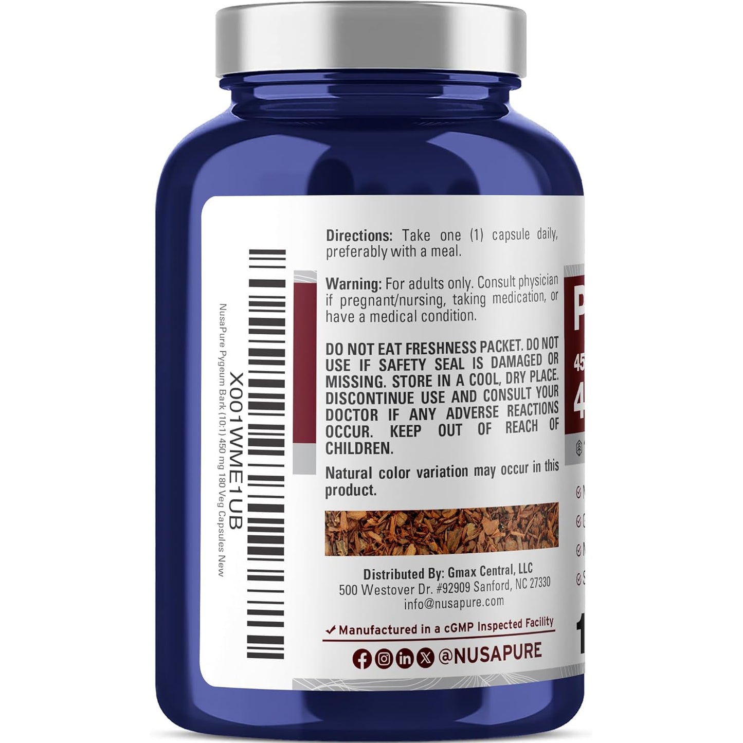 NusaPure Extracto de corteza de Pygeum 10:1, 450 mg equivalente a 4,500 mg 180 cápsulas vegetales (sin OMG, vegano)