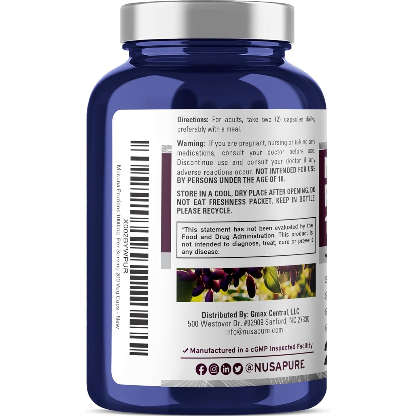 NusaPure Mucuna Pruriens 1000mg 200 cápsulas vegetales (sin OMG, 100% vegetariano, vegano)