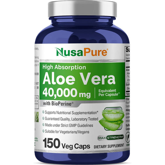 NusaPure Aloe Vera 40,000 mg por cápsulas vegetarianas - 150 unidades - Suplemento de gel de aloe vera - Extracto 200:1, vegetariano, sin OMG, bioperina