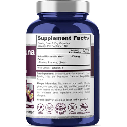 NusaPure Mucuna Pruriens 1000mg 200 cápsulas vegetales (sin OMG, 100% vegetariano, vegano)