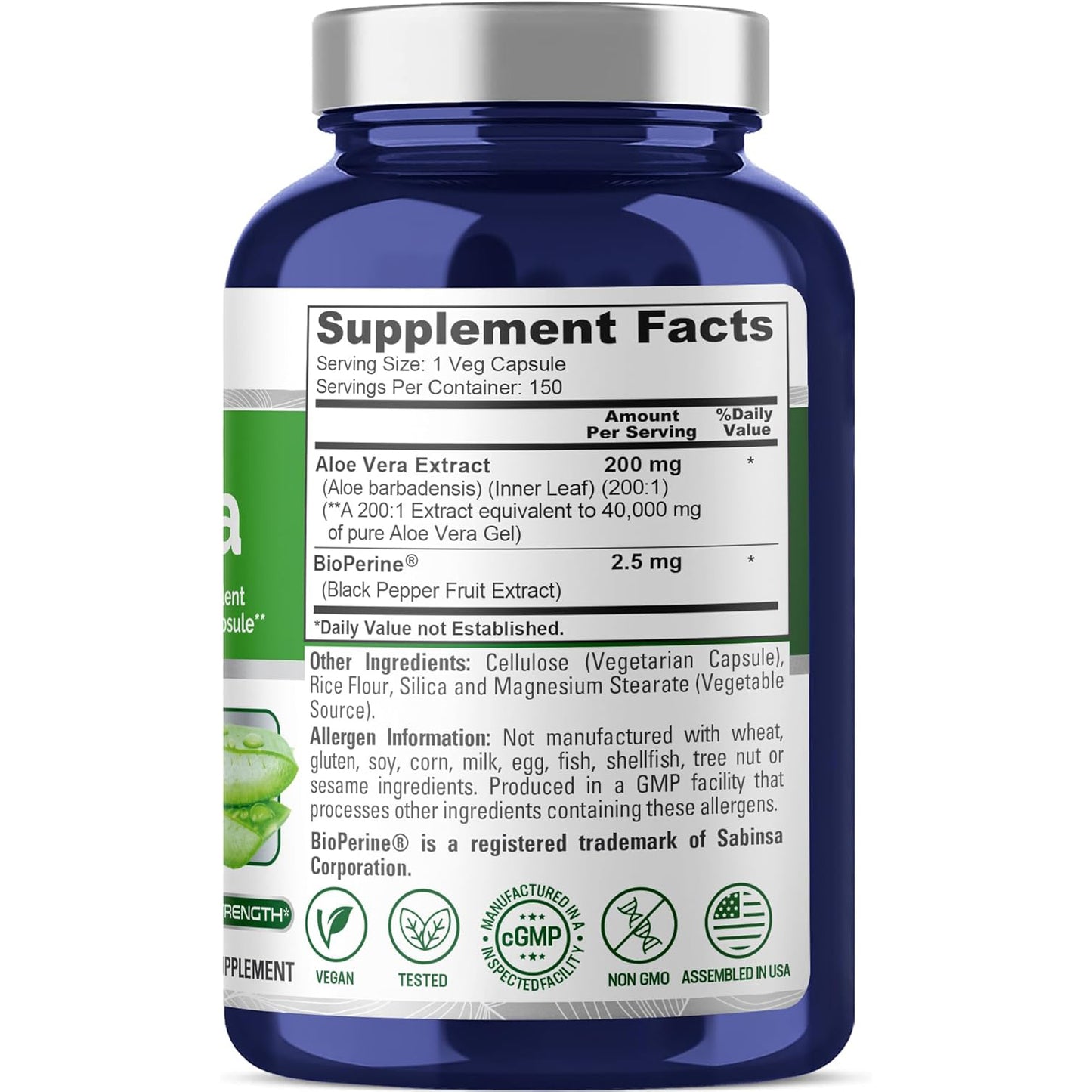 NusaPure Aloe Vera 40,000 mg por cápsulas vegetarianas - 150 unidades - Suplemento de gel de aloe vera - Extracto 200:1, vegetariano, sin OMG, bioperina