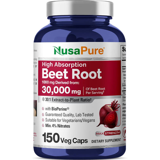 NusaPure Raíz de remolacha 30,000 mg 150 cápsulas vegetales (vegano, sin OMG y sin gluten, 4% de nitratos) Bioperine