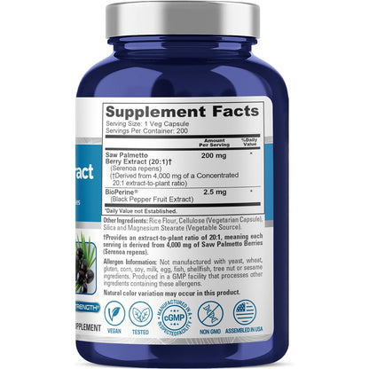 NusaPure Saw Palmetto Extract 4,000 mg 200 cápsulas (sin OMG y sin gluten, vegetariano) con bioperina.