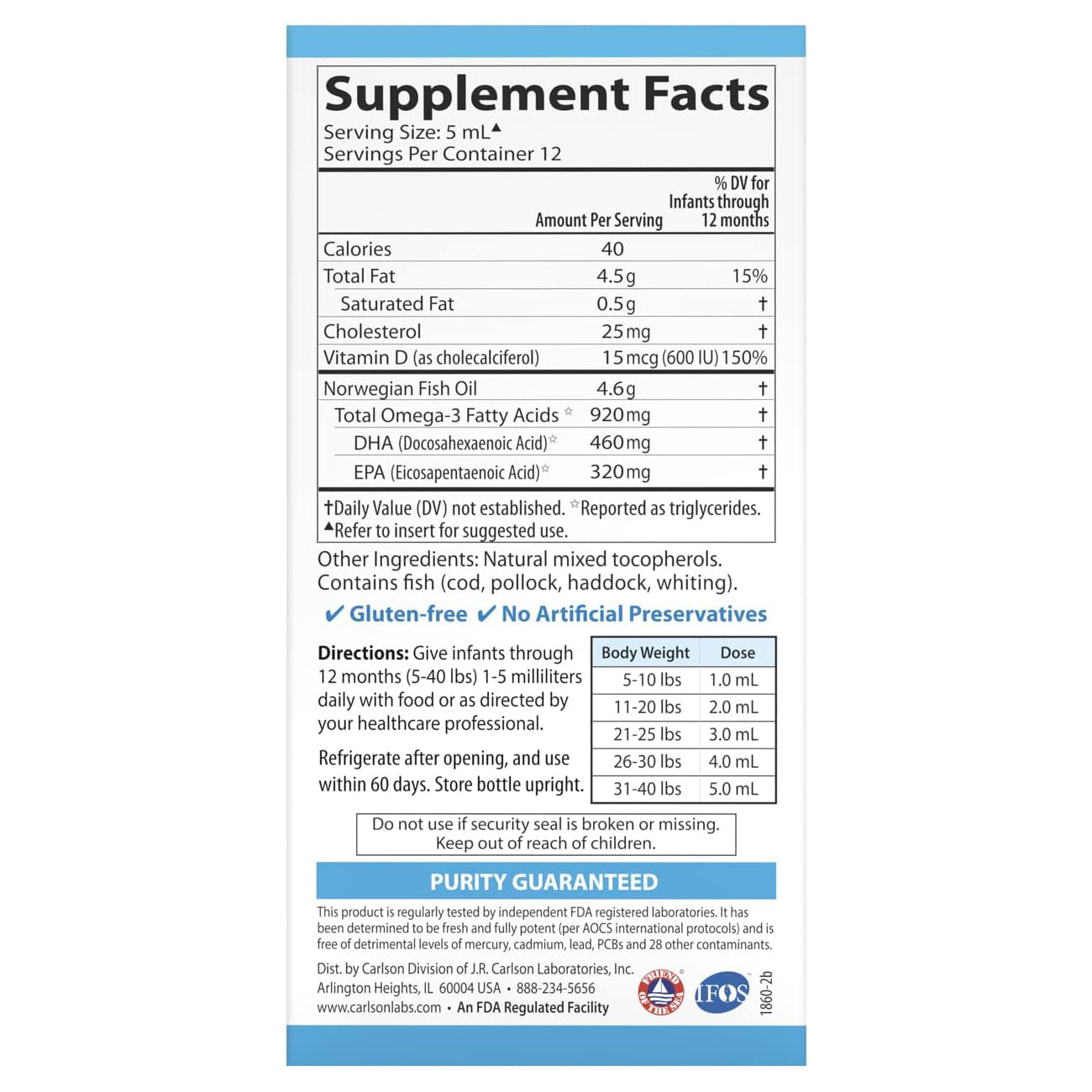 Carlson Omega 3 Puro Babys Dha Y Epa Con D3 600 Ui (15 Mcg)