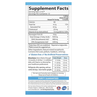 Carlson Omega 3 Puro Babys Dha Y Epa Con D3 600 Ui (15 Mcg)