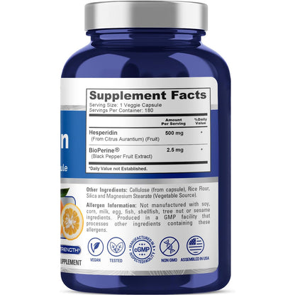 NusaPure Hesperidina 500 mg por cápsulas vegetarianas - 180 cápsulas (BioPerine, alta absorción, sin OGM)