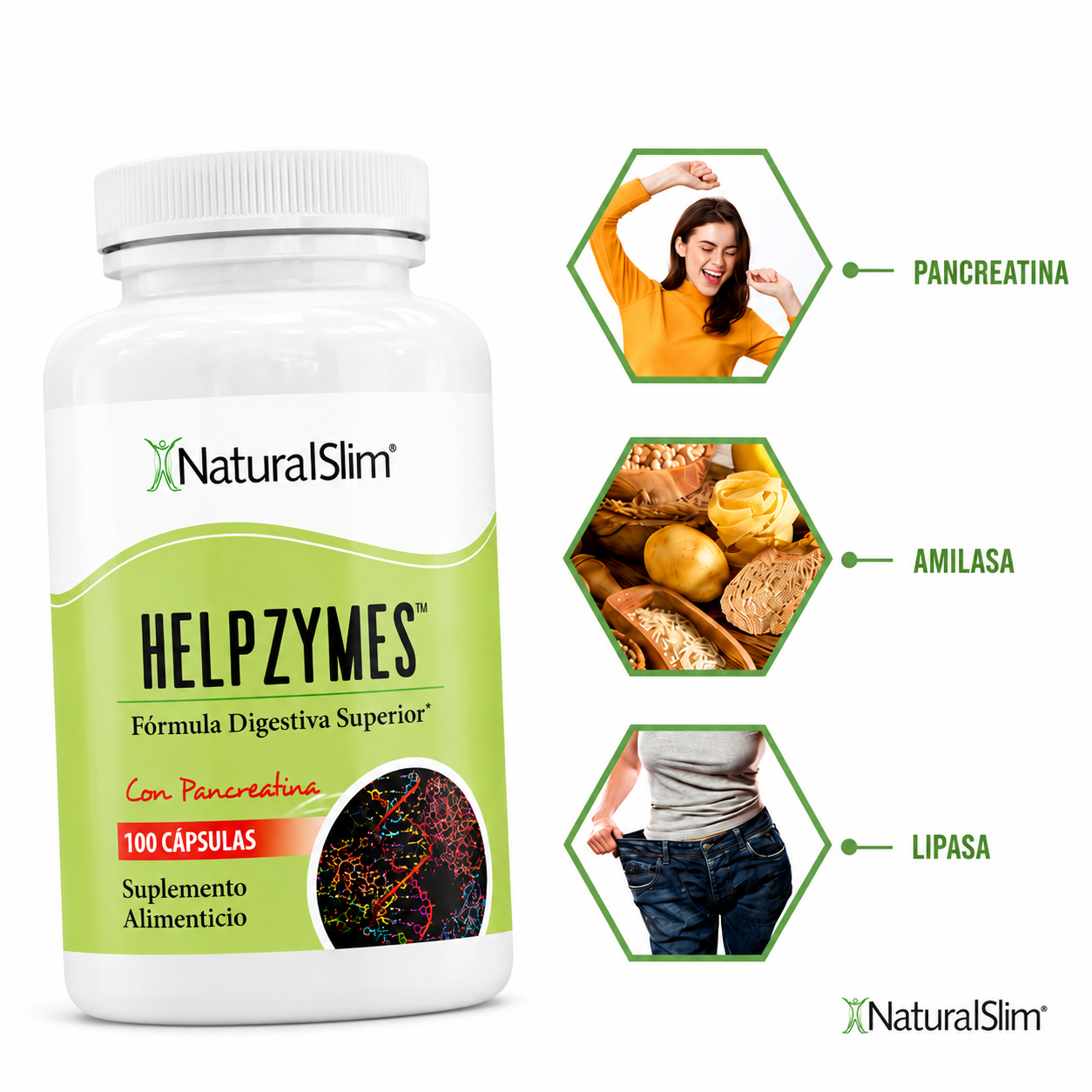 NaturalSlim Helpzymes - Fórmula premium de enzimas digestivas 100 Cápsulas